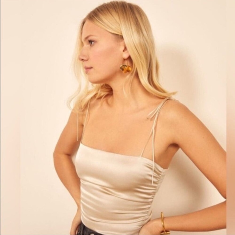 REFORMATION Top Size 4 Gold 100% Silk Cropped Crop $128 Smocked Tie Straps